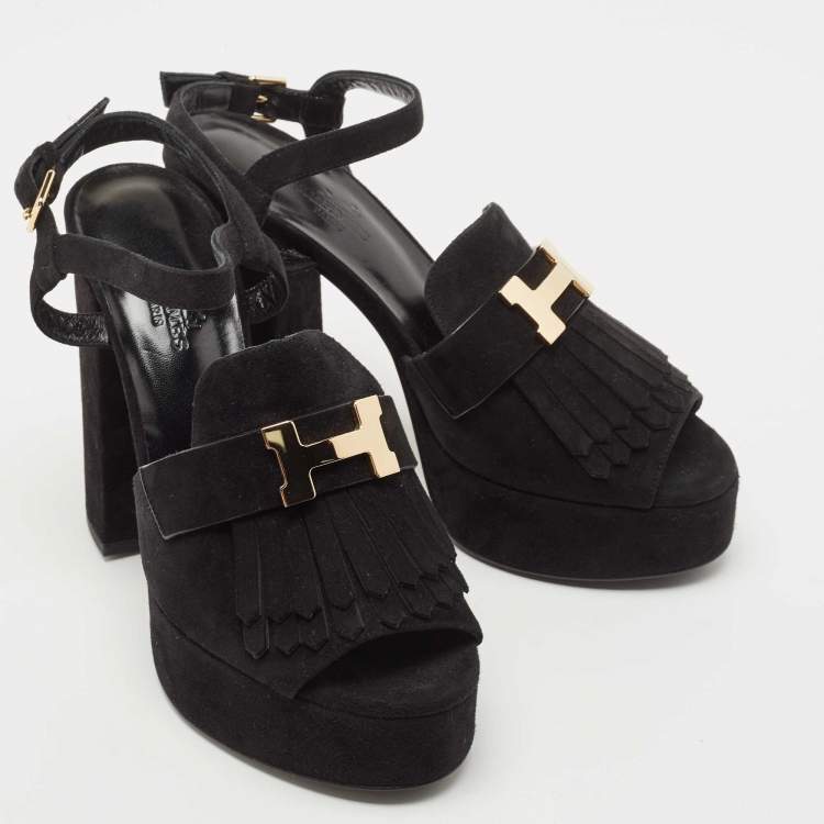 مملوكة مسبقًا Hermes Black Suede Anjou Platform Sandals Size 37.5