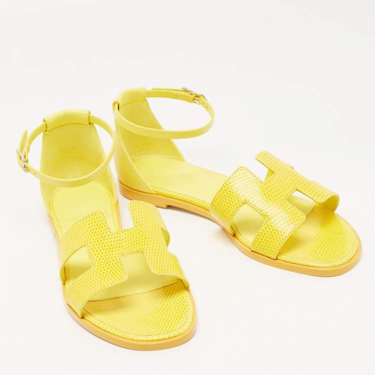 Pre Owned Hermes Yellow Lizard Santorini Ankle Strap Sandals Size 38