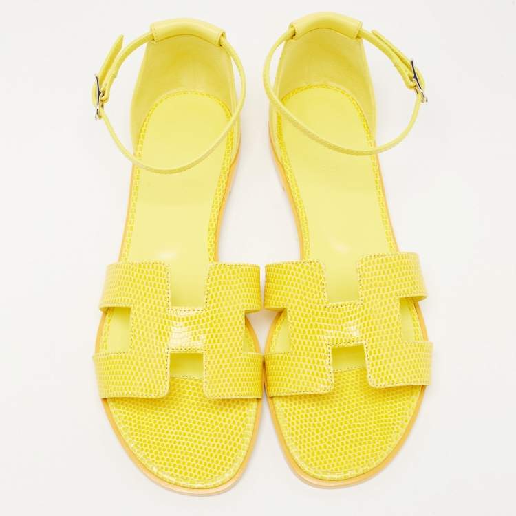 Pre Owned Hermes Yellow Lizard Santorini Ankle Strap Sandals Size 38