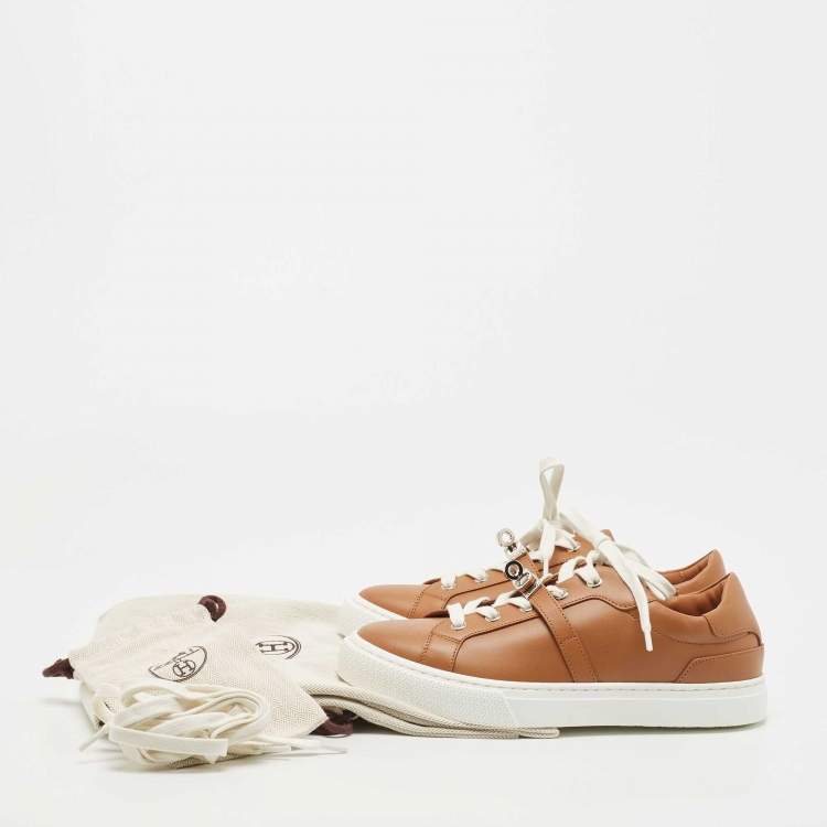 Pre Owned Hermes Brown Leather Day Lace Up Sneakers Size 37