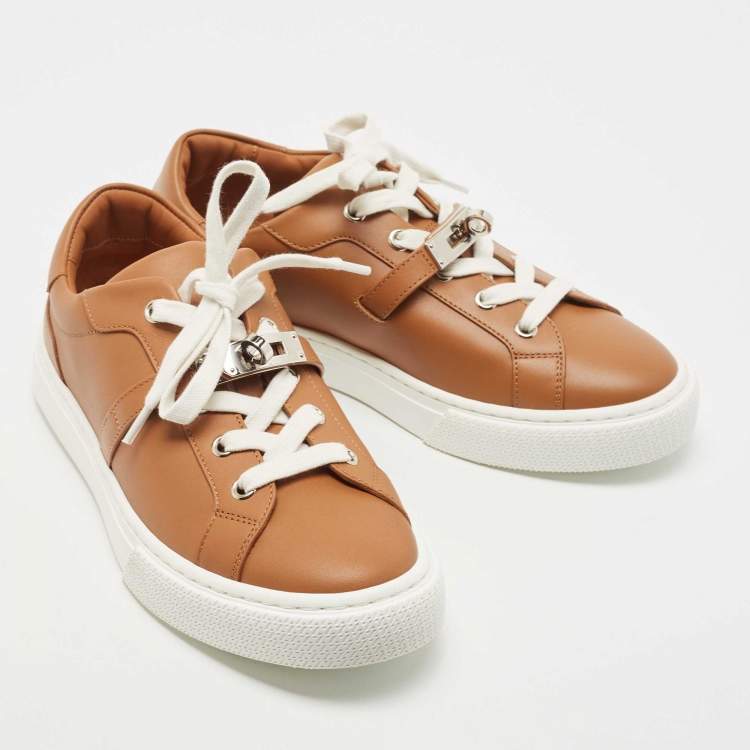 Pre Owned Hermes Brown Leather Day Lace Up Sneakers Size 37