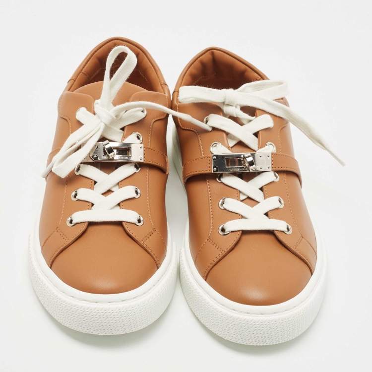 Pre Owned Hermes Brown Leather Day Lace Up Sneakers Size 37