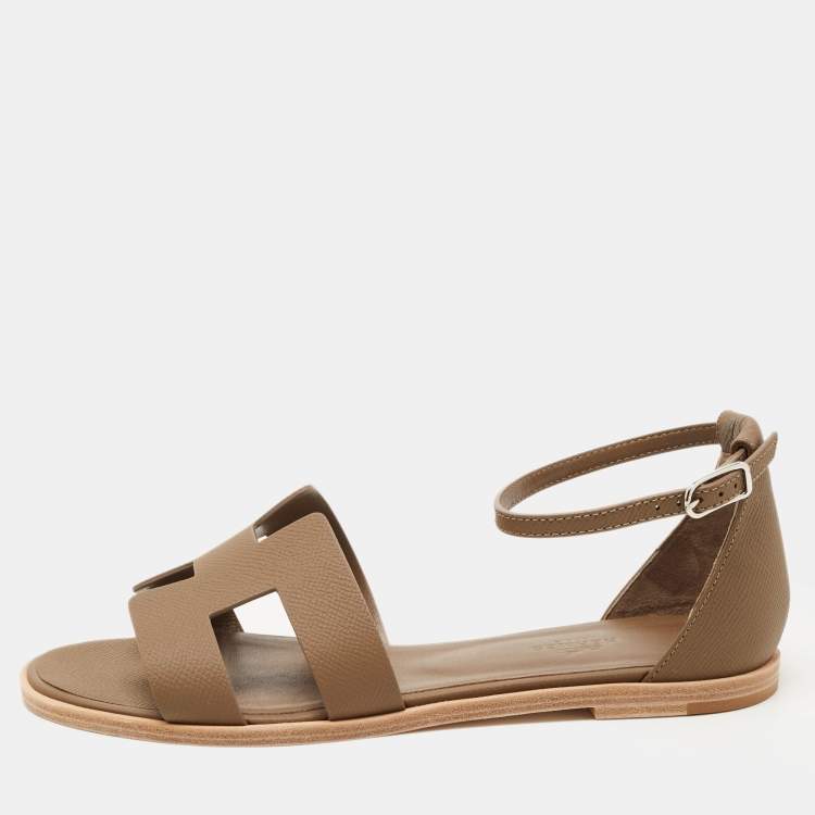Pre Owned Hermes Brown Leather Santorini Ankle Strap Sandals Size 39