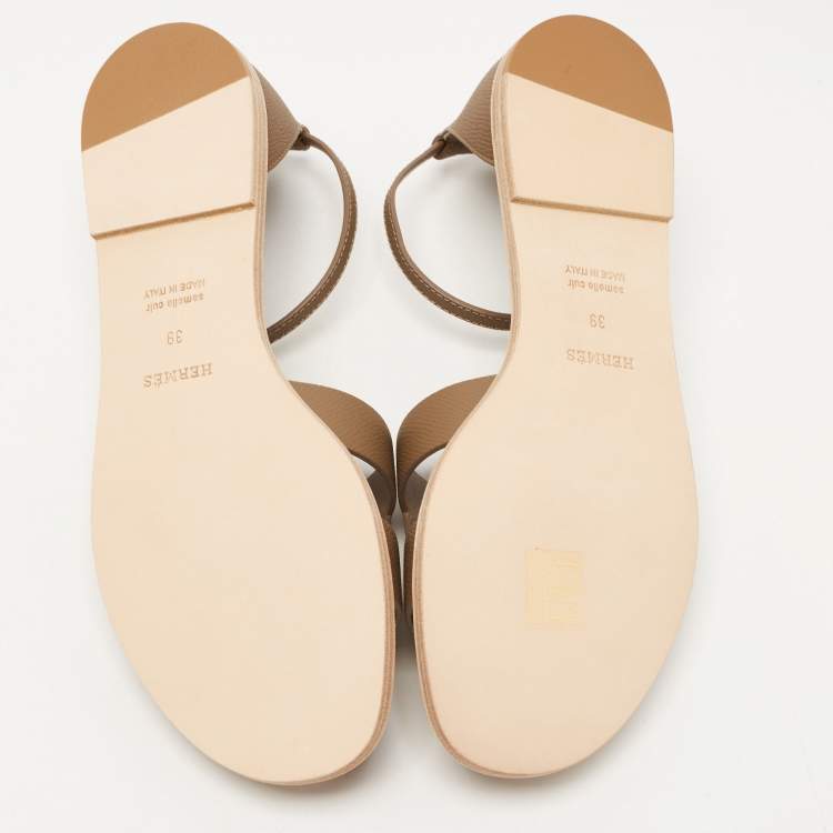Pre Owned Hermes Brown Leather Santorini Ankle Strap Sandals Size 39