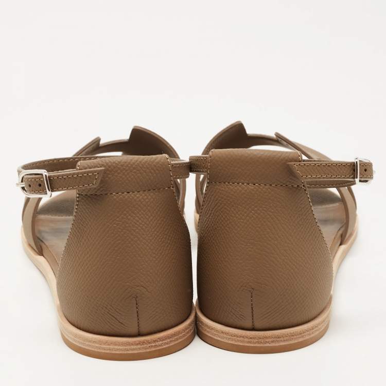 Pre Owned Hermes Brown Leather Santorini Ankle Strap Sandals Size 39