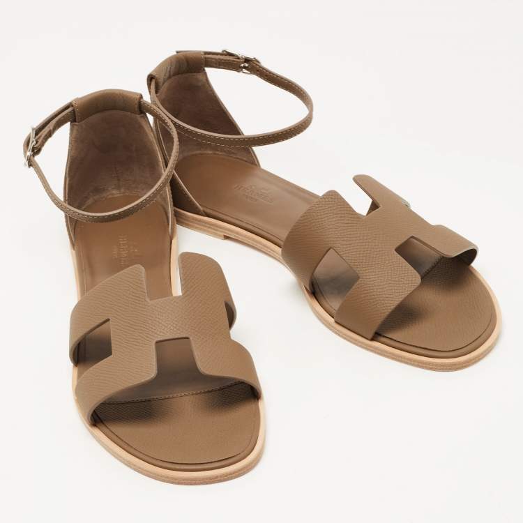 Pre Owned Hermes Brown Leather Santorini Ankle Strap Sandals Size 39