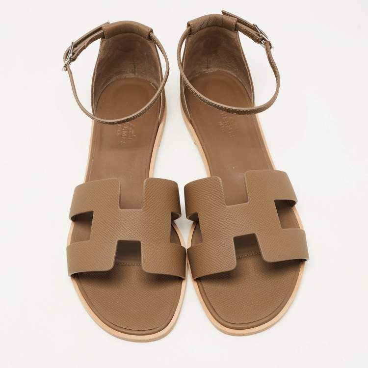 Pre Owned Hermes Brown Leather Santorini Ankle Strap Sandals Size 39