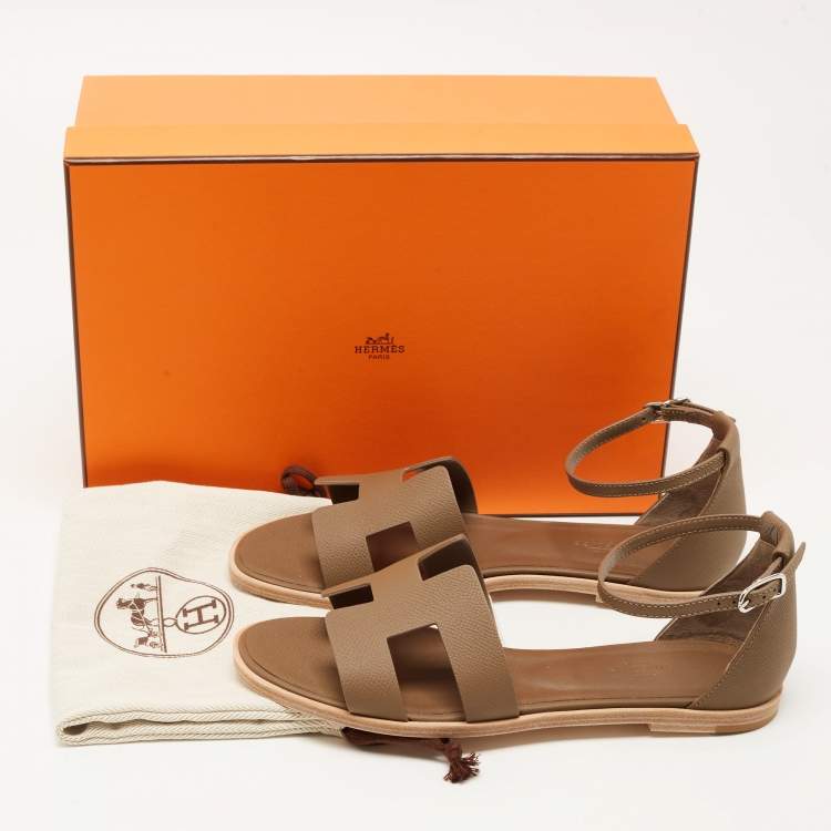 Pre Owned Hermes Brown Leather Santorini Ankle Strap Sandals Size 39