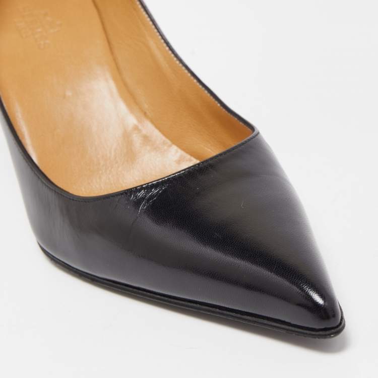 Pre Owned Hermes Black Leather Pointed Toe Pumps Size 37.5