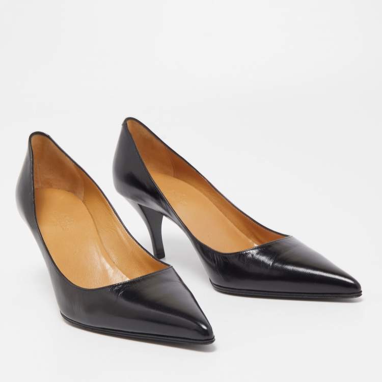 Pre Owned Hermes Black Leather Pointed Toe Pumps Size 37.5