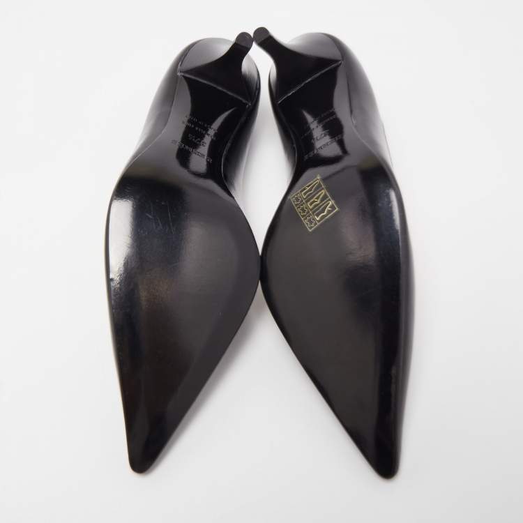 Pre Owned Hermes Black Leather Pointed Toe Pumps Size 37.5