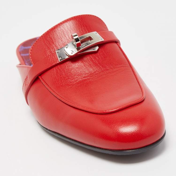 Pre Owned Hermes Red Leather Oz Flat Mules Size 41