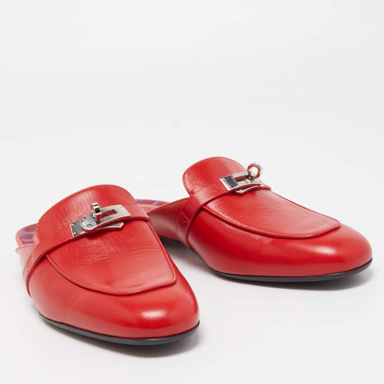 Pre Owned Hermes Red Leather Oz Flat Mules Size 41