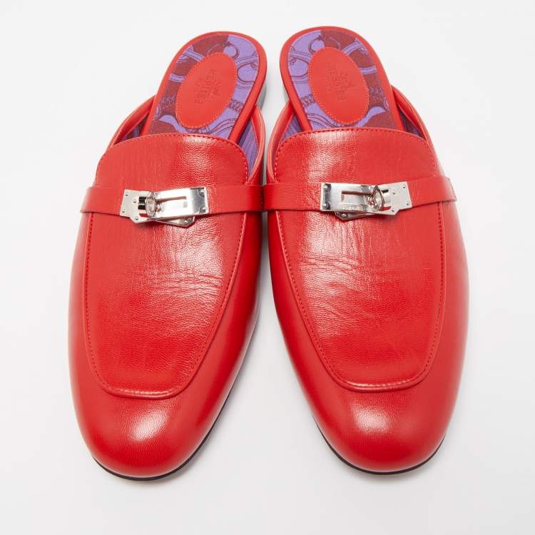 Pre Owned Hermes Red Leather Oz Flat Mules Size 41