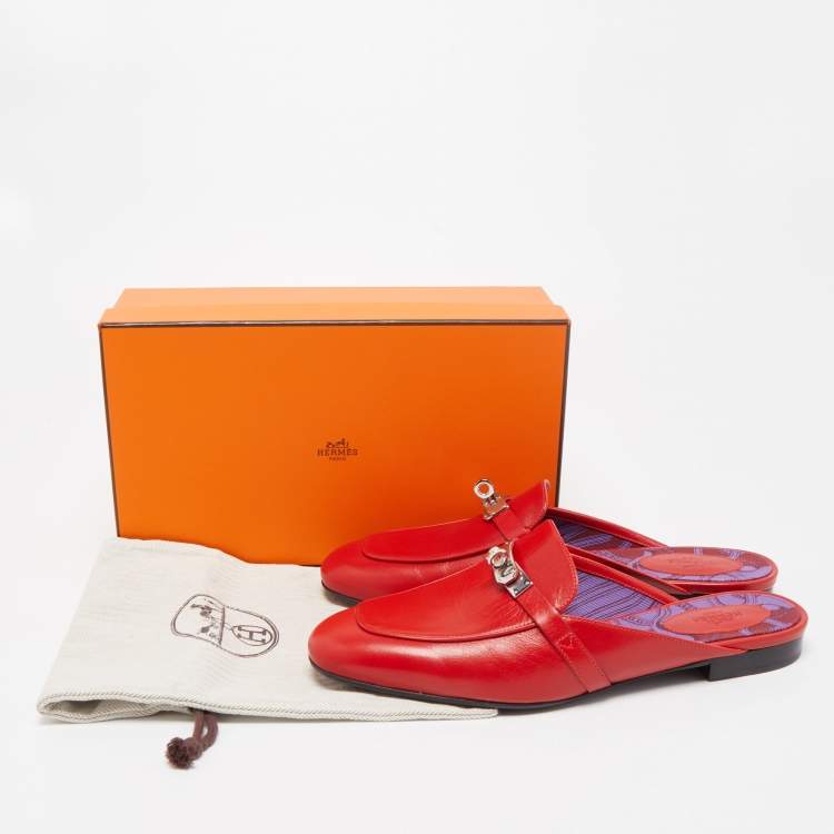 Pre Owned Hermes Red Leather Oz Flat Mules Size 41