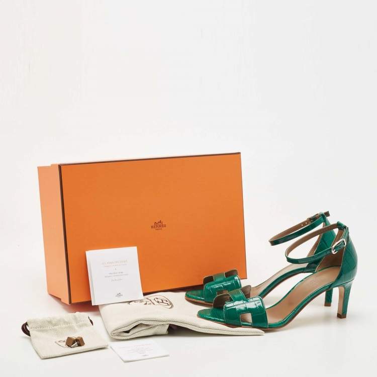 Pre Owned Hermes Green Croc Leather Premiere Ankle Strap Sandals Size 38