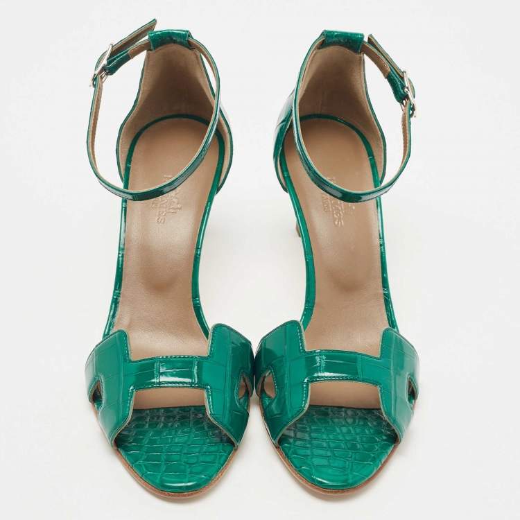 Pre Owned Hermes Green Croc Leather Premiere Ankle Strap Sandals Size 38