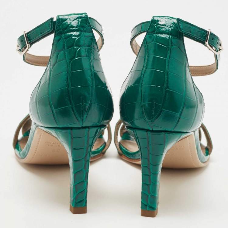 Pre Owned Hermes Green Croc Leather Premiere Ankle Strap Sandals Size 38