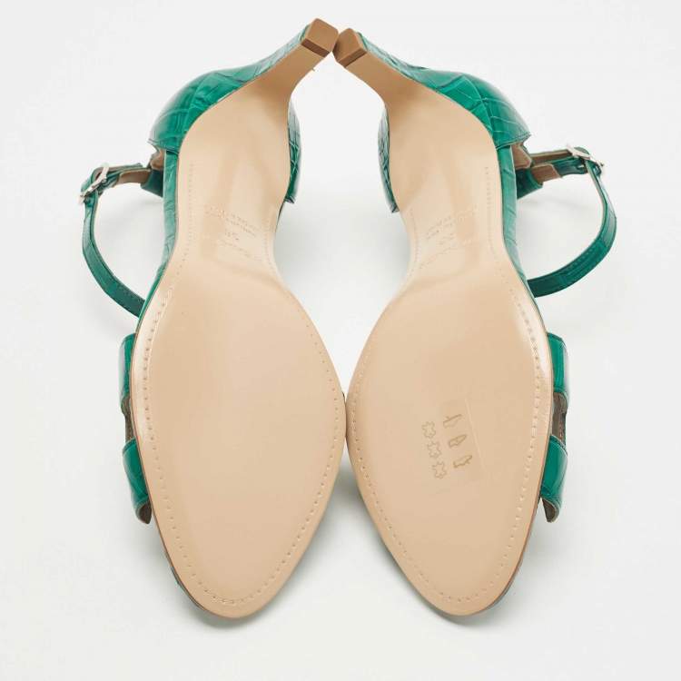 Pre Owned Hermes Green Croc Leather Premiere Ankle Strap Sandals Size 38