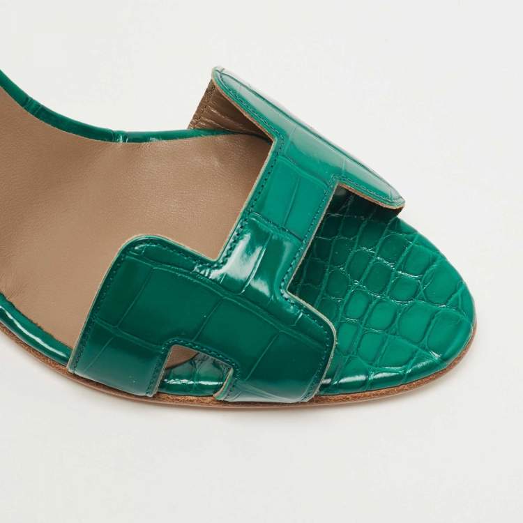 Pre Owned Hermes Green Croc Leather Premiere Ankle Strap Sandals Size 38
