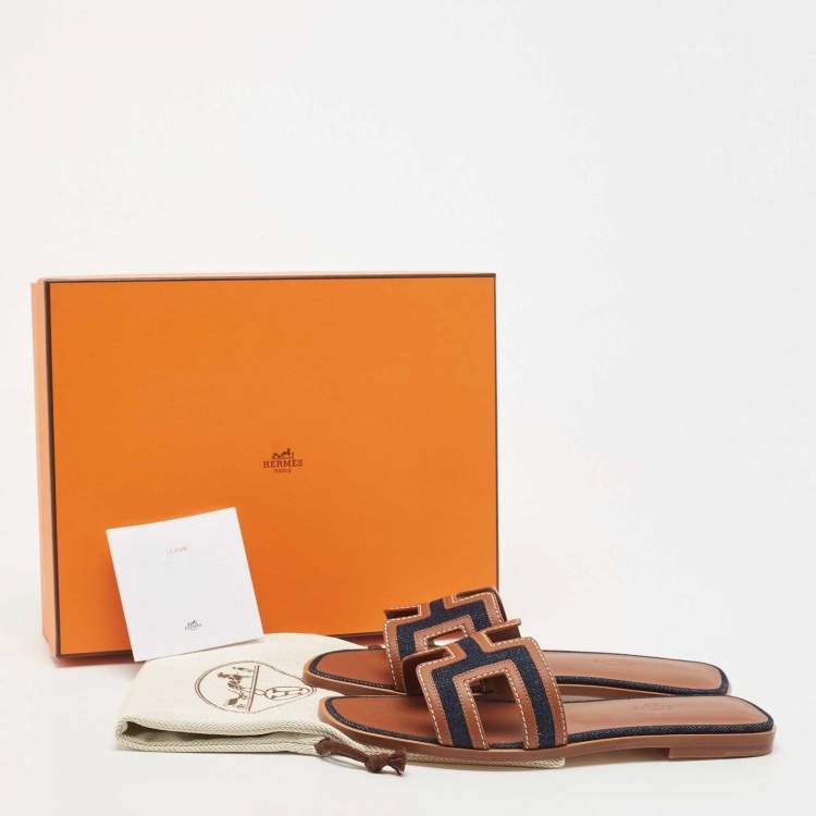 Pre Owned Hermes Brown/Blue Leather and Denim Oran Flat Slides Size 38