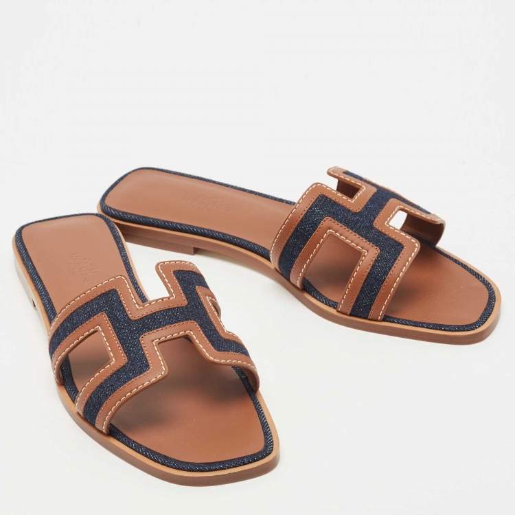 Pre Owned Hermes Brown/Blue Leather and Denim Oran Flat Slides Size 38
