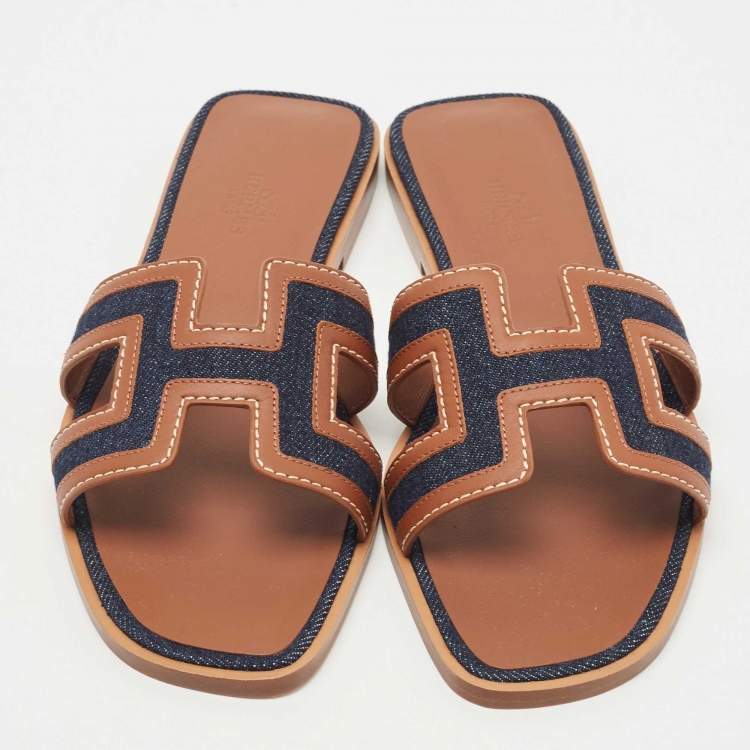 Pre Owned Hermes Brown/Blue Leather and Denim Oran Flat Slides Size 38