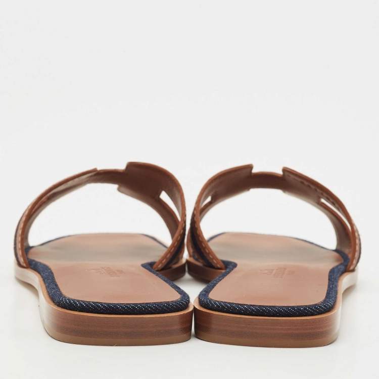 Pre Owned Hermes Brown/Blue Leather and Denim Oran Flat Slides Size 38