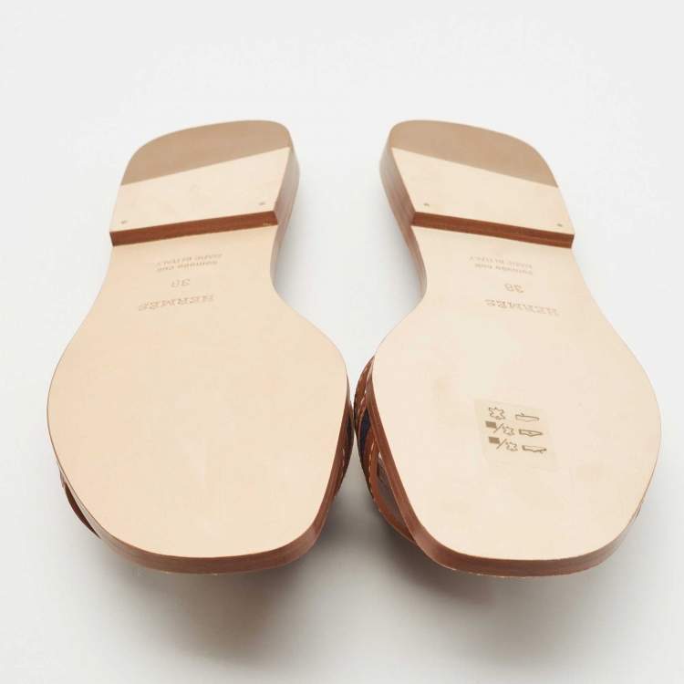 Pre Owned Hermes Brown/Blue Leather and Denim Oran Flat Slides Size 38