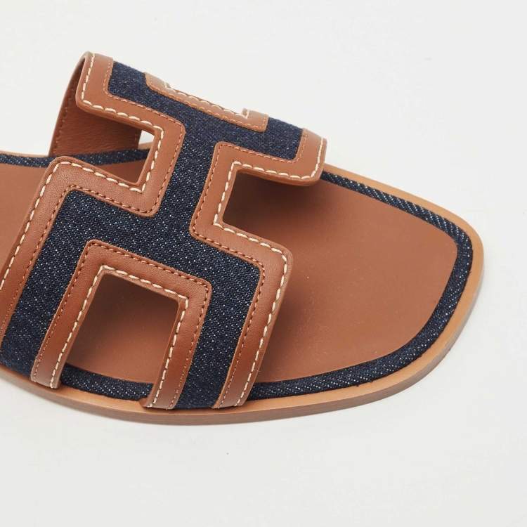 Pre Owned Hermes Brown/Blue Leather and Denim Oran Flat Slides Size 38