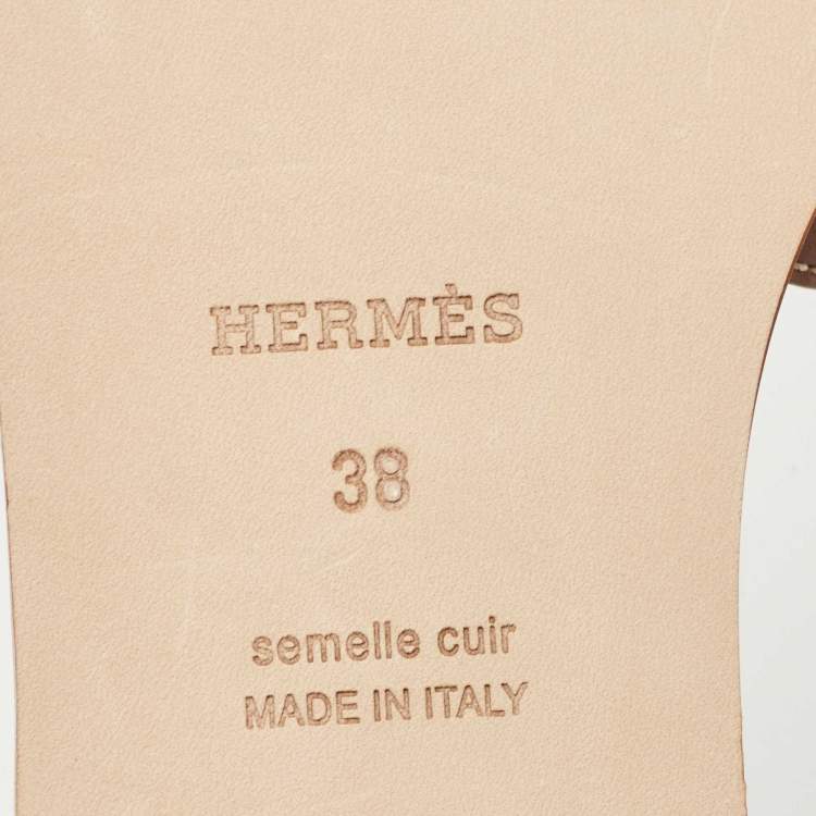 Pre Owned Hermes Brown/Blue Leather and Denim Oran Flat Slides Size 38
