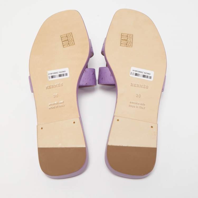 Pre Owned Hermes Lilac Ostrich Leather Oran Slide Flats Size 39