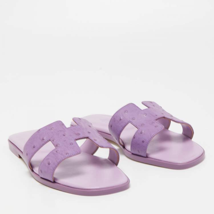 Pre Owned Hermes Lilac Ostrich Leather Oran Slide Flats Size 39