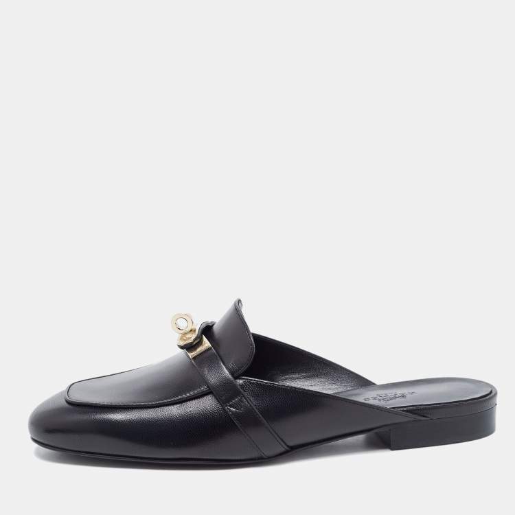 Pre Owned Hermès Black Leather Oz Mule Flats Size 37