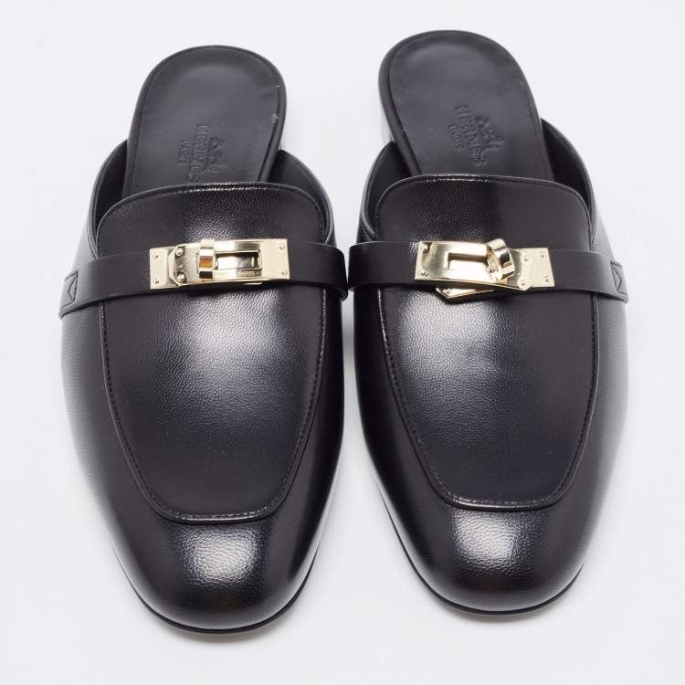 Pre Owned Hermès Black Leather Oz Mule Flats Size 37