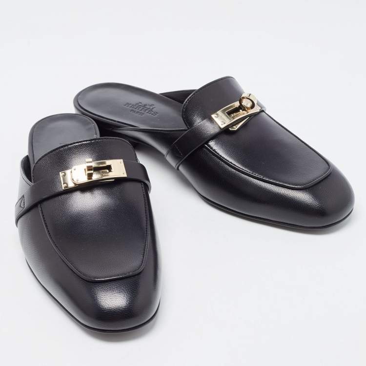 Pre Owned Hermès Black Leather Oz Mule Flats Size 37