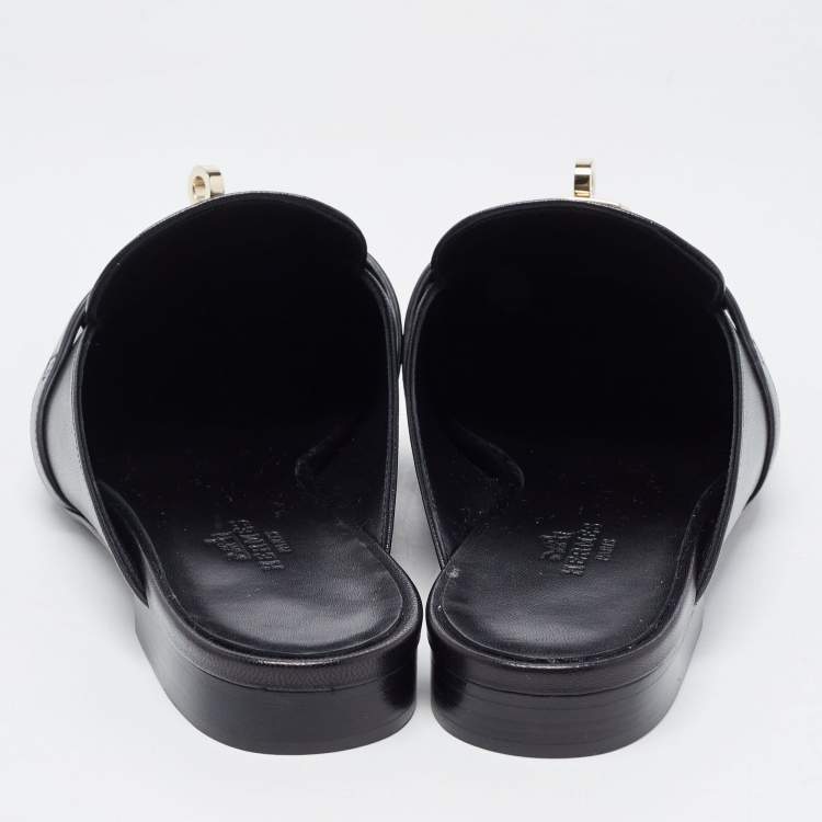 Pre Owned Hermès Black Leather Oz Mule Flats Size 37