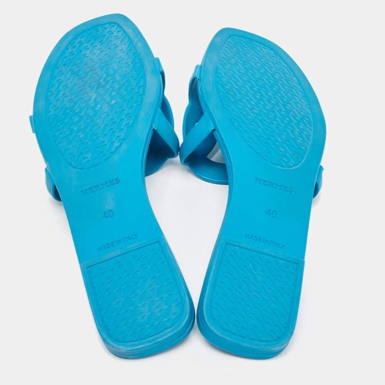 Pre Owned Hermes Blue Rubber Aloha Flat Slides Size 40
