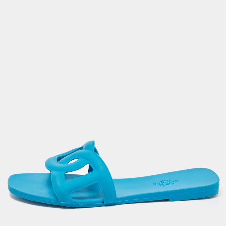 Pre Owned Hermes Blue Rubber Aloha Flat Slides Size 40