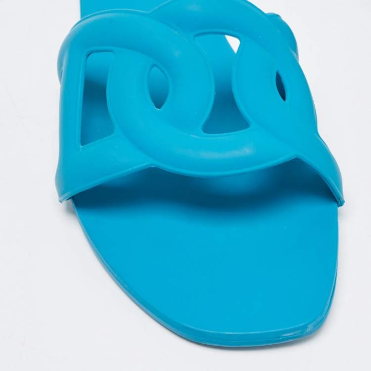 Pre Owned Hermes Blue Rubber Aloha Flat Slides Size 40