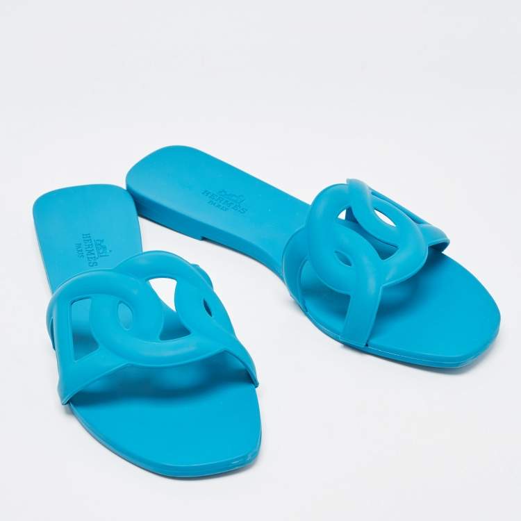Pre Owned Hermes Blue Rubber Aloha Flat Slides Size 40