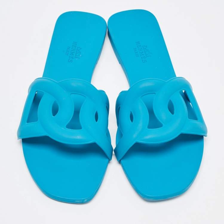 Pre Owned Hermes Blue Rubber Aloha Flat Slides Size 40