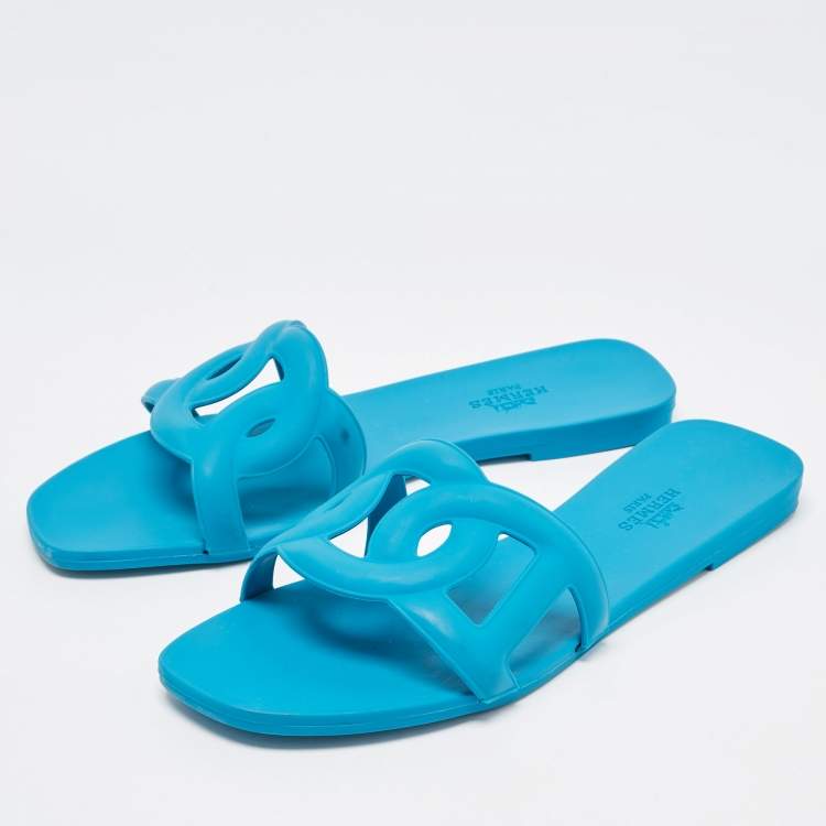 Pre Owned Hermes Blue Rubber Aloha Flat Slides Size 40