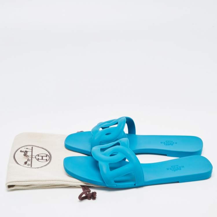 Pre Owned Hermes Blue Rubber Aloha Flat Slides Size 40