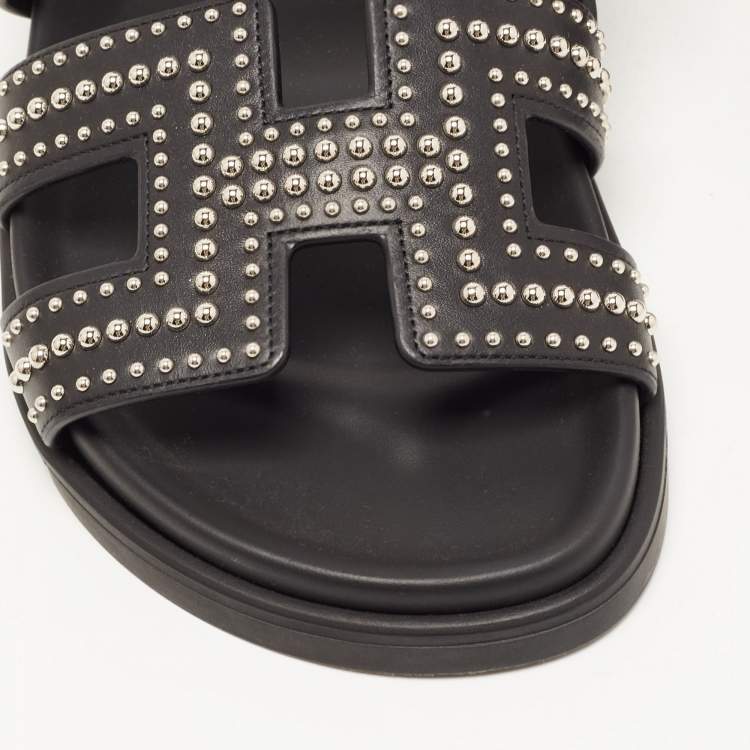 Pre Owned Hermès  Black Studded Leather Chypre Slides Size 37
