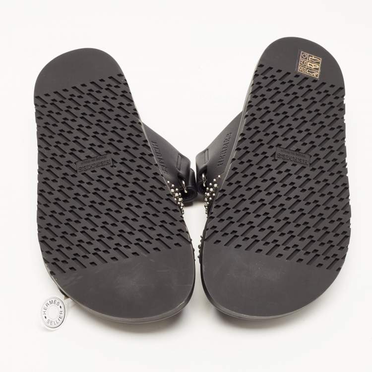 Pre Owned Hermès  Black Studded Leather Chypre Slides Size 37