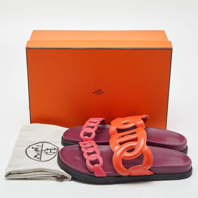 Pre Owned Hermes Orange/Pink Leather Extra Slide Flats Size 39