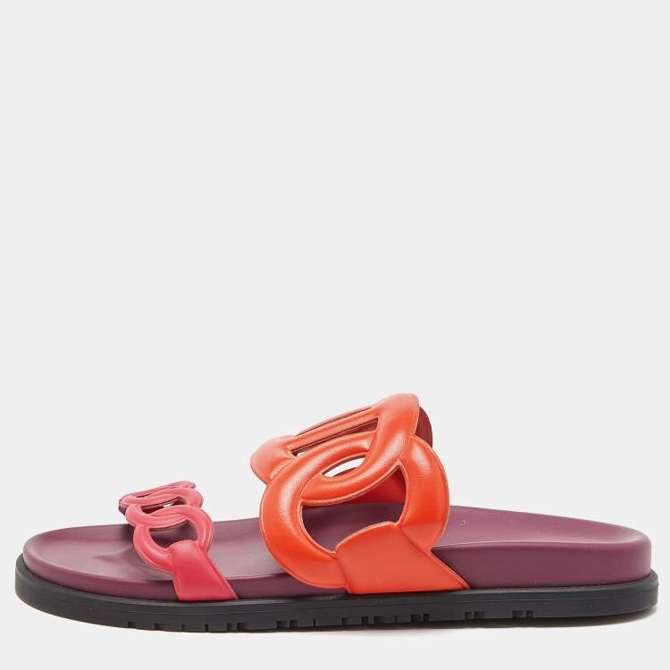 Pre Owned Hermes Orange/Pink Leather Extra Slide Flats Size 39
