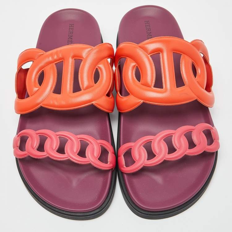 Pre Owned Hermes Orange/Pink Leather Extra Slide Flats Size 39