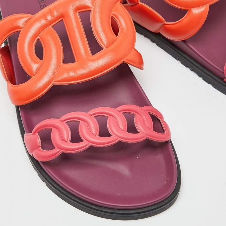 Pre Owned Hermes Orange/Pink Leather Extra Slide Flats Size 39